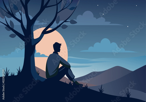 A man sits under a tree at night, looking up at the moon