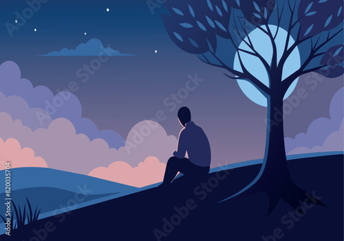 A man sits on a hillside under a tree at night