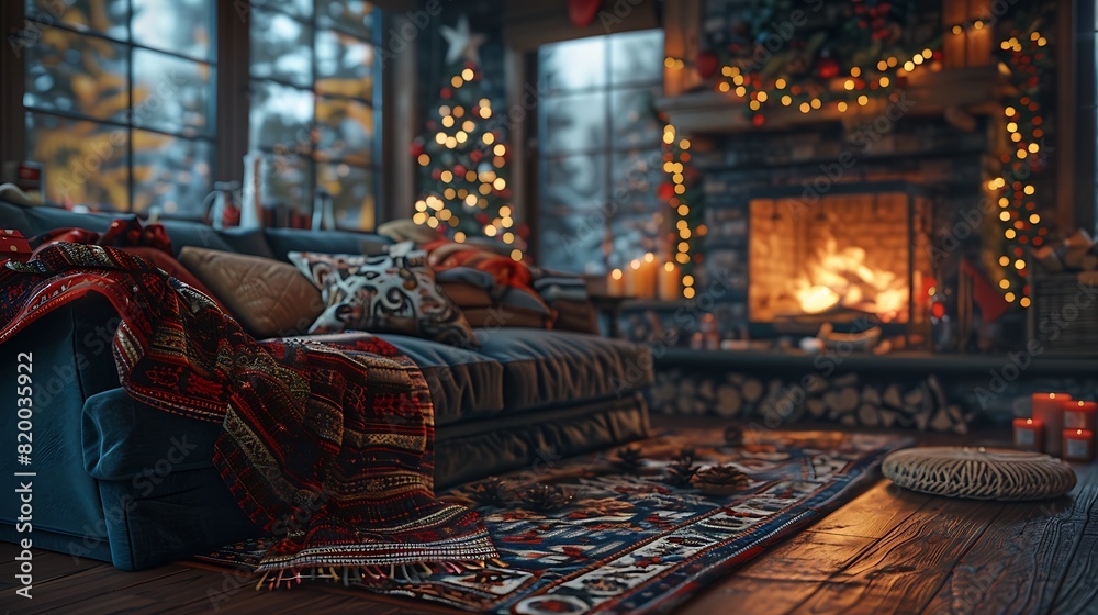 A living room with a fireplace that has a beautiful holiday decoration, and a cozy sofa draped with a warm blanket.