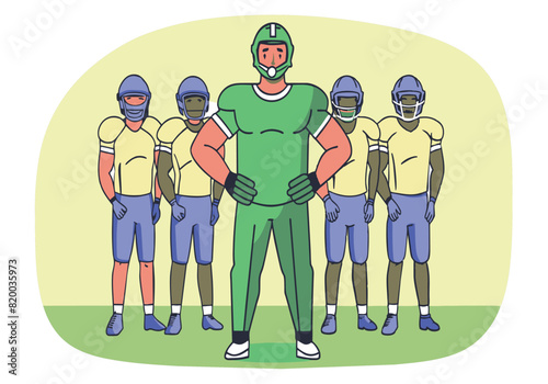 A cartoon of a football team with a man in the middle of them