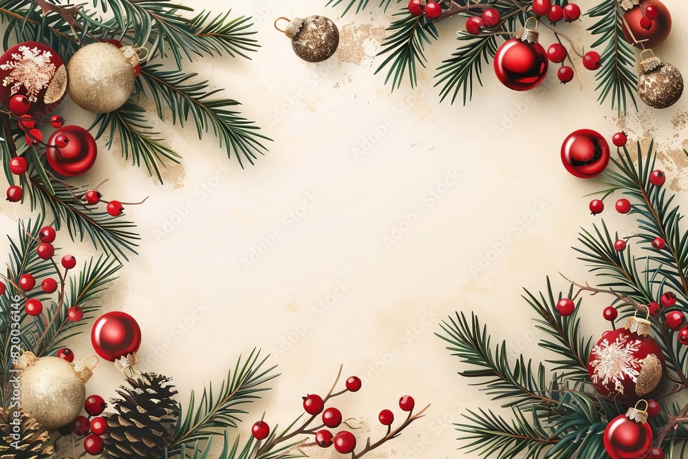 Note encircled by Christmas ornaments and pine branches, great for holiday greetings Note encircled by Christmas ornaments and pine branches, great for holiday greetings