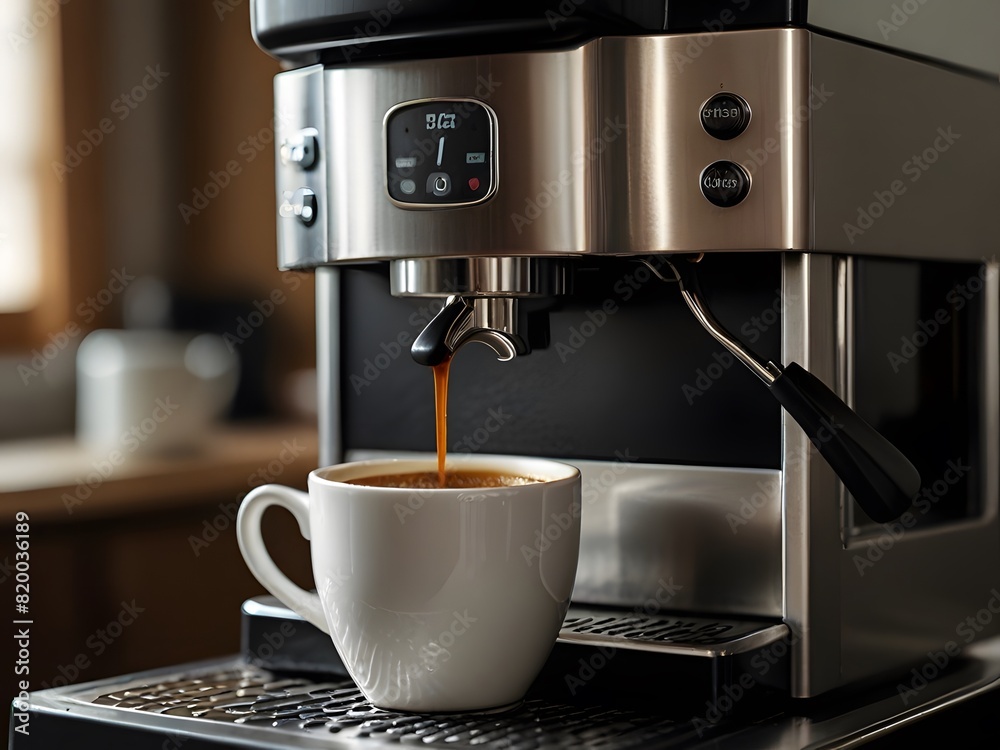 A coffee machine on a wooden table, ready to brew a fresh cup of coffee A coffee machine on a wooden table, ready to brew a fresh cup of coffee
