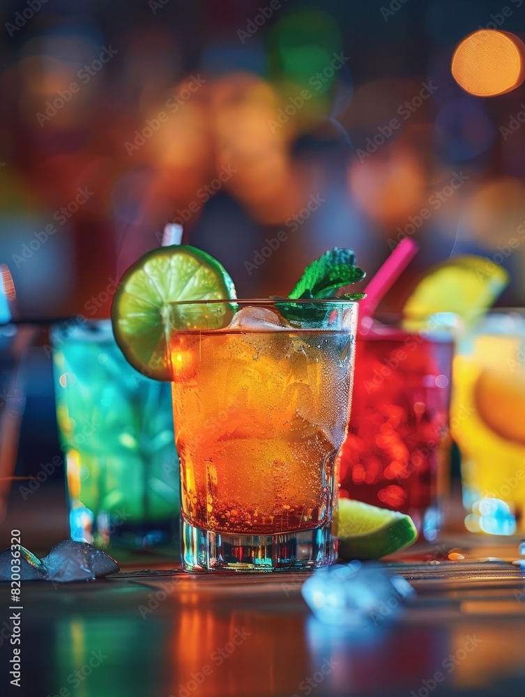 Note on a bar top with colorful cocktail glasses around, great for happy hour event promotions Note on a bar top with colorful cocktail glasses around, great for happy hour event promotions