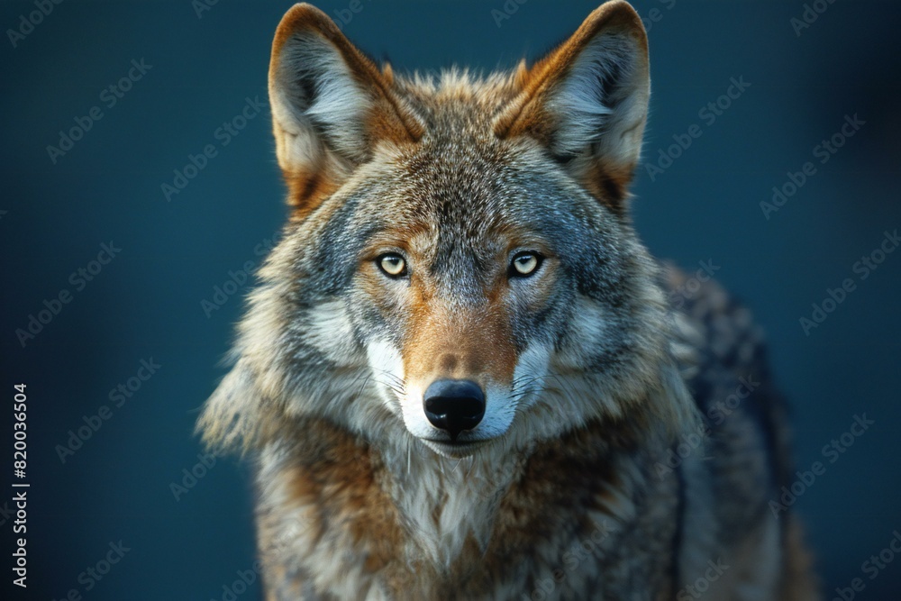 Digital artwork of wolf in a dark room against a blue backdrop, high quality, high resolution