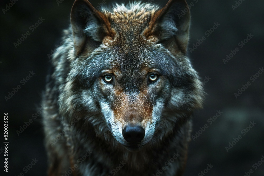 Depicting a  image of a wolf standing in darkness, high quality, high resolution