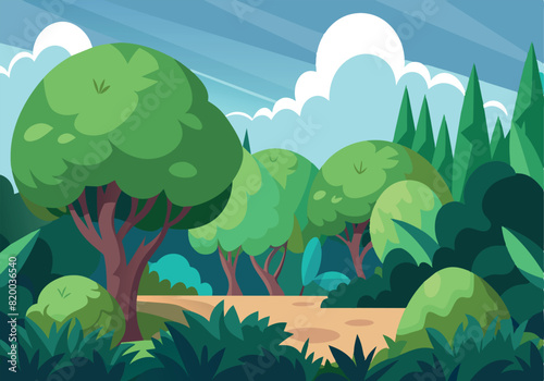 A cartoonish drawing of a forest with trees and bushes