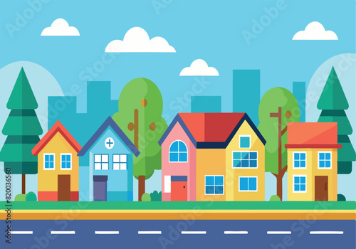 A row of houses with a tree in front of the yellow house