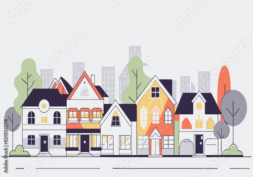 A row of houses with a tree in the background