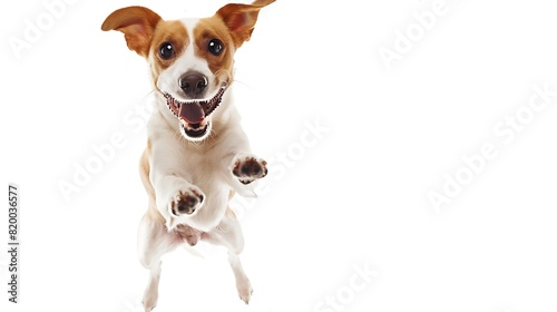 Art collage made of one funny dog jumping isolated over white studio background Concept of motion action pets love animal life Look happy delighted Copyspace for ad flyer : Generative AI