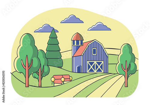 A farm scene with a barn and a house