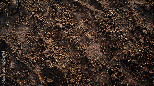 High-resolution photograph capturing the detailed surface of loamy soil from above, revealing its moist, nutrient-rich qualities perfect for gardening and farming visuals