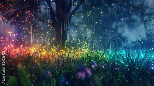 Rainy Night in Moonlit Meadow: A Dreamscape of Rainbow Flecks