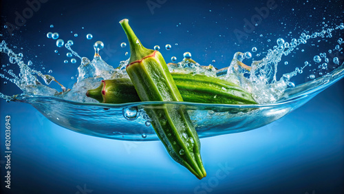 A vibrant green okra pod dropped into water, producing a splash against a calming blue background, highlighting its freshness and crispness photo