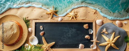 Blackboard on a sandy beach with seashells and a sunhat around, ideal for summer workshops