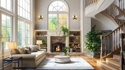Interior living room with fireplace stone and wood mantle staircase wooden flooring decorated and staged large bright windows classic and modern decor   Generative AI