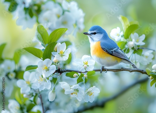 A small blue and yellow bird sits on the branch of an apple tree in full bloom