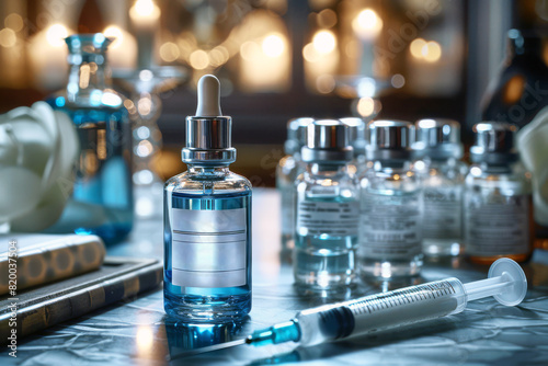 Glass vial of blue liquid and a syringe are placed on a pristine table with various medical supplies in modern clinic photo
