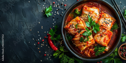 Traditional Korean Kimchi Dish in a Black Ceramic Bowl with Fresh Herbs and Spices on a Dark Background
