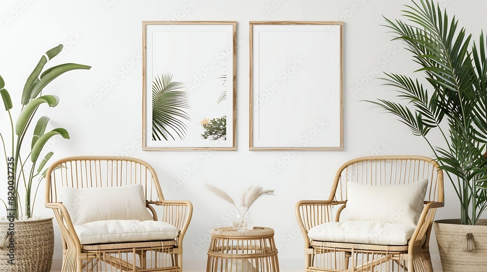 Blank empty picture frame mockup on white wall Artwork in interior design Modern boho style interior with poster template : Generative AI Blank empty picture frame mockup on white wall Artwork in interior design Modern boho style interior with poster template : Generative AI