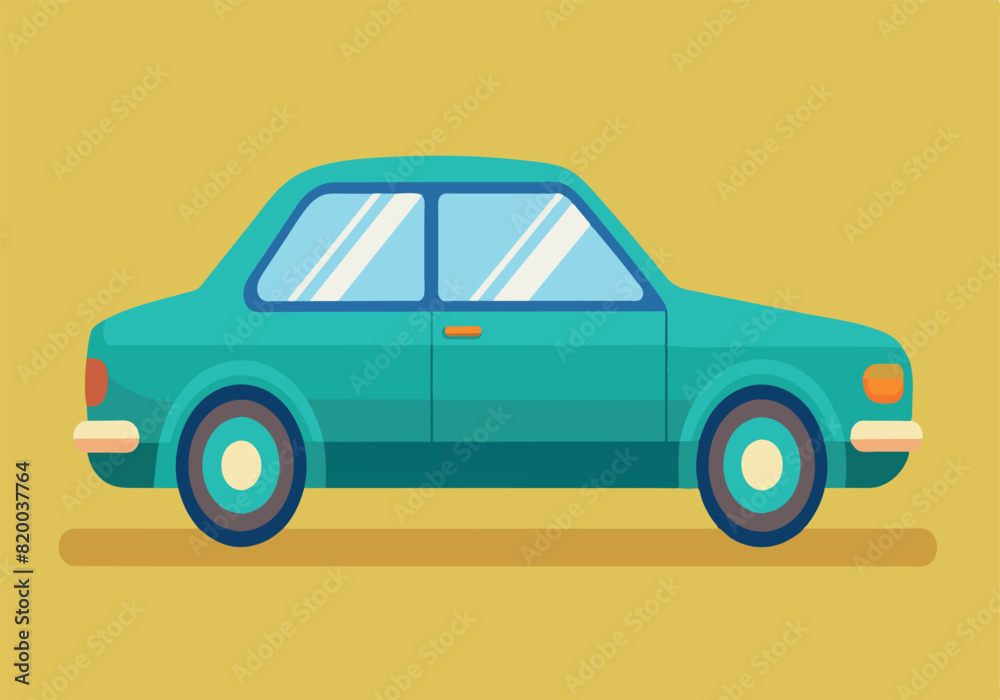 A blue car is parked on a yellow surface A blue car is parked on a yellow surface