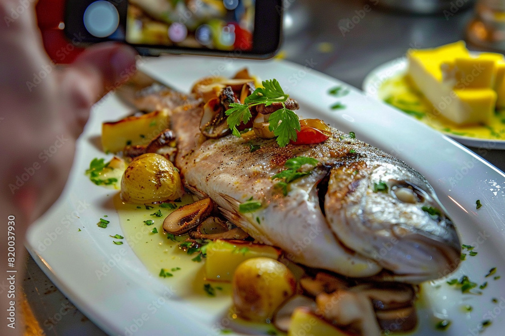 Taking photo with smart phone of roasted fish Taking photo with smart phone of roasted fish