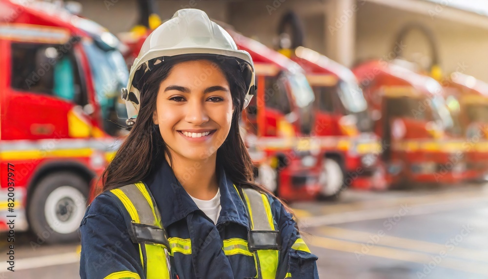  Portrait of a female firefighter, smiling young heroine in copy space of garage with fire trucks 
