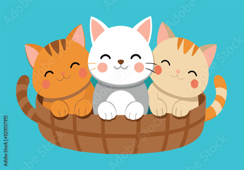 Three cats are sitting in a basket, smiling and looking happy