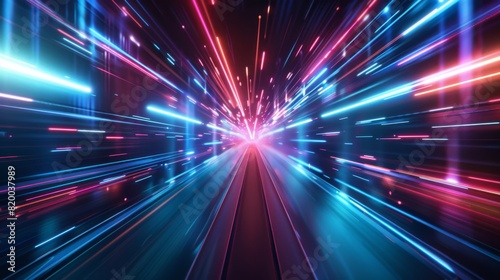 Abstract background with light streaks and glow, futuristic speed motion in blue and red colors, neon lines, glowing fast moving path, dark night atmosphere. High technology concept of digital space, 
