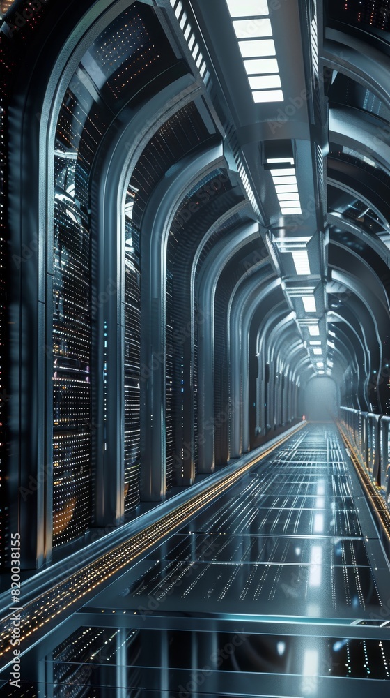 Photorealistic image of futuristic data center with ecological cooling technology. 