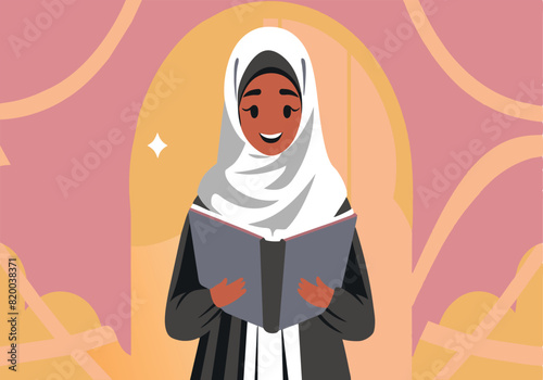 A woman wearing a white scarf is reading a book