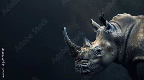 A powerful rhino standing in front of a dark background