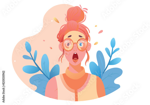 A woman with glasses and a surprised expression