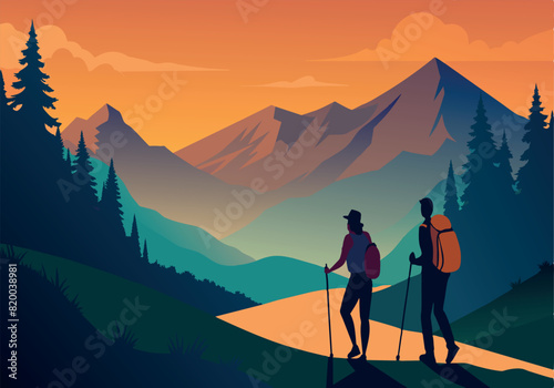 A couple is hiking in the mountains with a beautiful sunset in the background