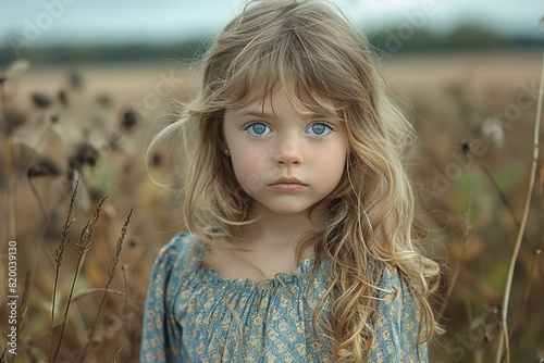 Digital artwork of  small girl stands strait in a field, high quality, high resolution photo