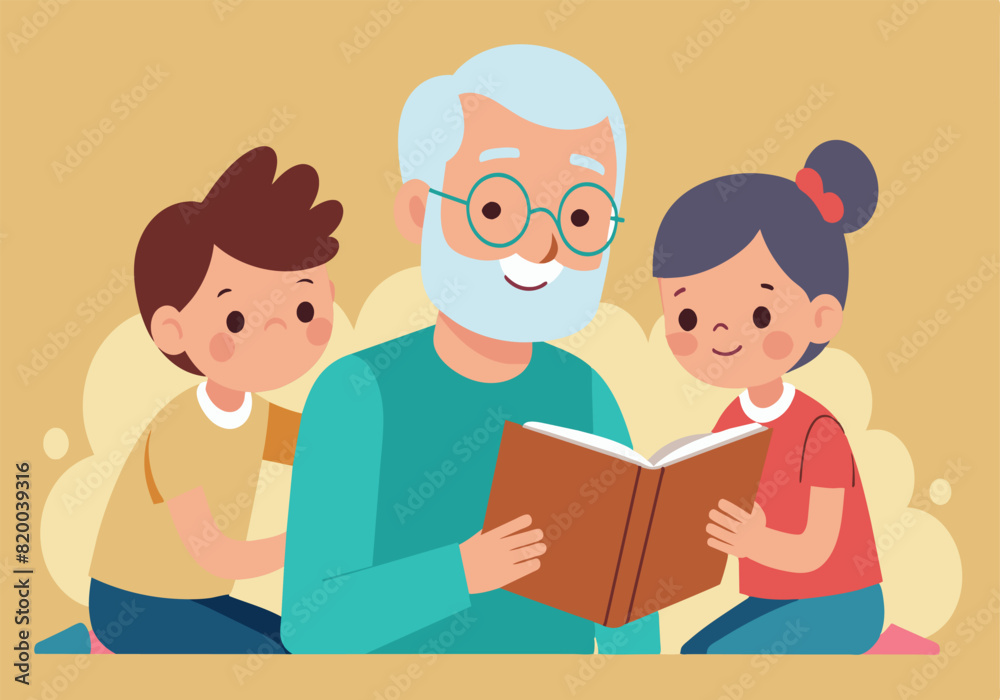 A man is reading a book to two children A man is reading a book to two children