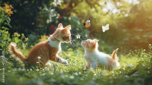 cute fluffy friends a cat and a dog catch a flying butterfly in a sunny summer garden   Generative AI