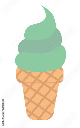 Ice cream pistachio or mint in waffle cone. Summer time sweet food. Vector flat illustration.