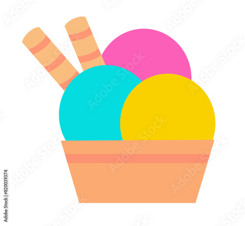 Three Colorful scoops Ice cream in cup with wafer rolls. Summer time sweet food. Vector flat illustration.