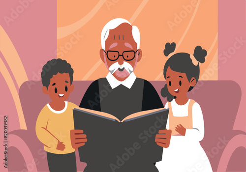 A man is reading a book to two children