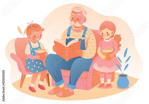 A man is reading a book to two children