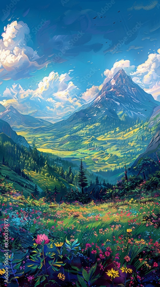 Fototapeta premium Beautiful winter scenery of snow-capped Alpine peaks. With green fields and clear blue skies.
