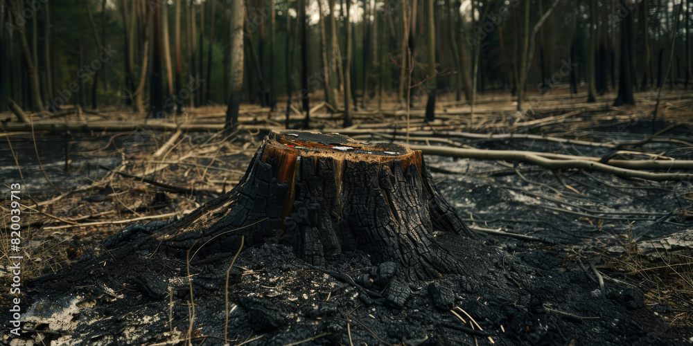 Burnt Tree Stump in a Charred Forest Landscape, Consequences of Wildfire, Environmental Impact Burnt Tree Stump in a Charred Forest Landscape, Consequences of Wildfire, Environmental Impact