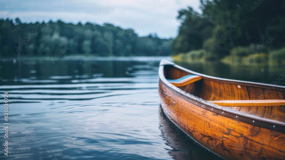 Wooden canoe floating calmly on tranquil lake with forest in background Wooden canoe floating calmly on tranquil lake with forest in background