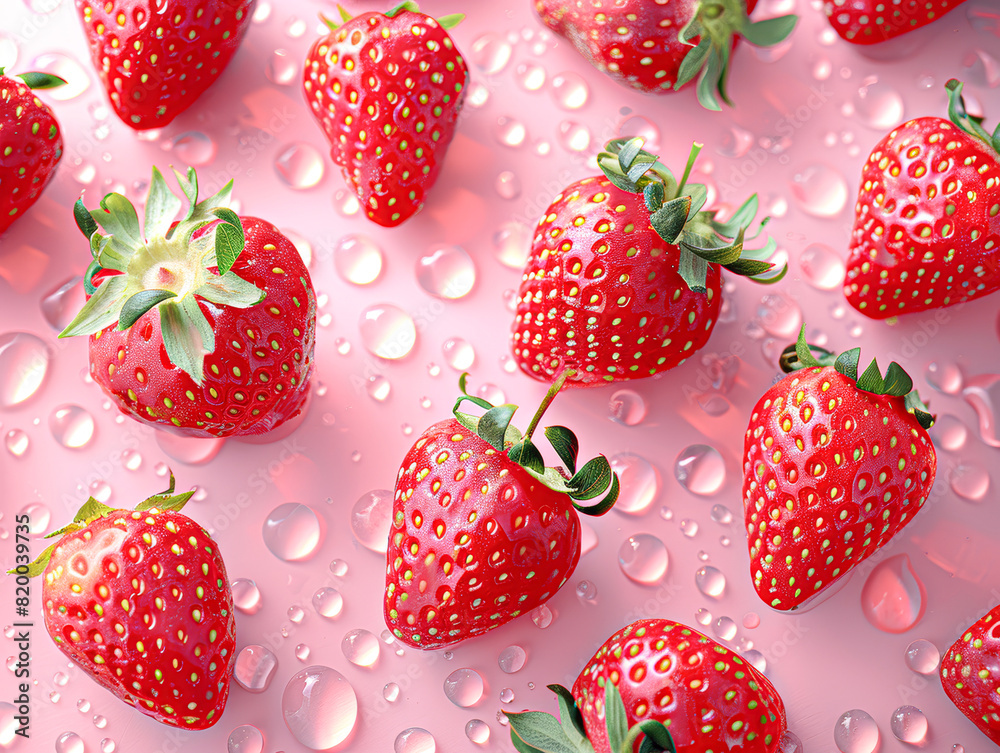 a pattern of perfectly ripe strawberries, their seeds glistening, set against a soft pink backdrop that accentuates their vibrant color and fresh appeal. a pattern of perfectly ripe strawberries, their seeds glistening, set against a soft pink backdrop that accentuates their vibrant color and fresh appeal.