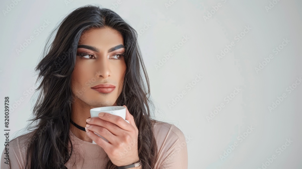Lulu, a 30 years old transsexual Drinking coffee and looking pensive ,studio photo Lulu, a 30 years old transsexual Drinking coffee and looking pensive ,studio photo