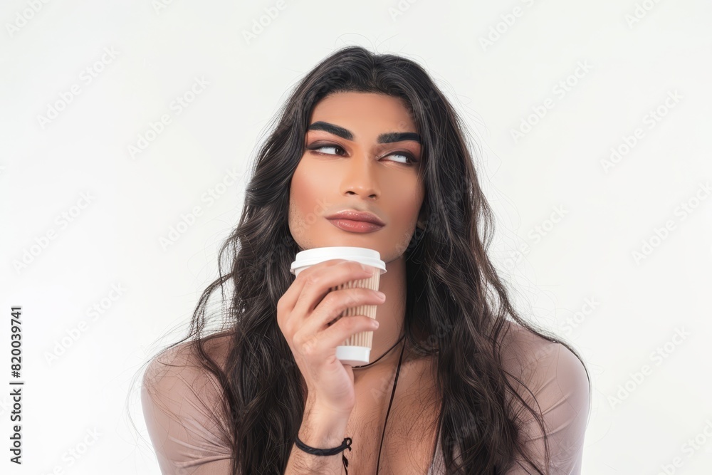 Lulu, a 30 years old transsexual Drinking coffee and looking pensive ,studio photo Lulu, a 30 years old transsexual Drinking coffee and looking pensive ,studio photo