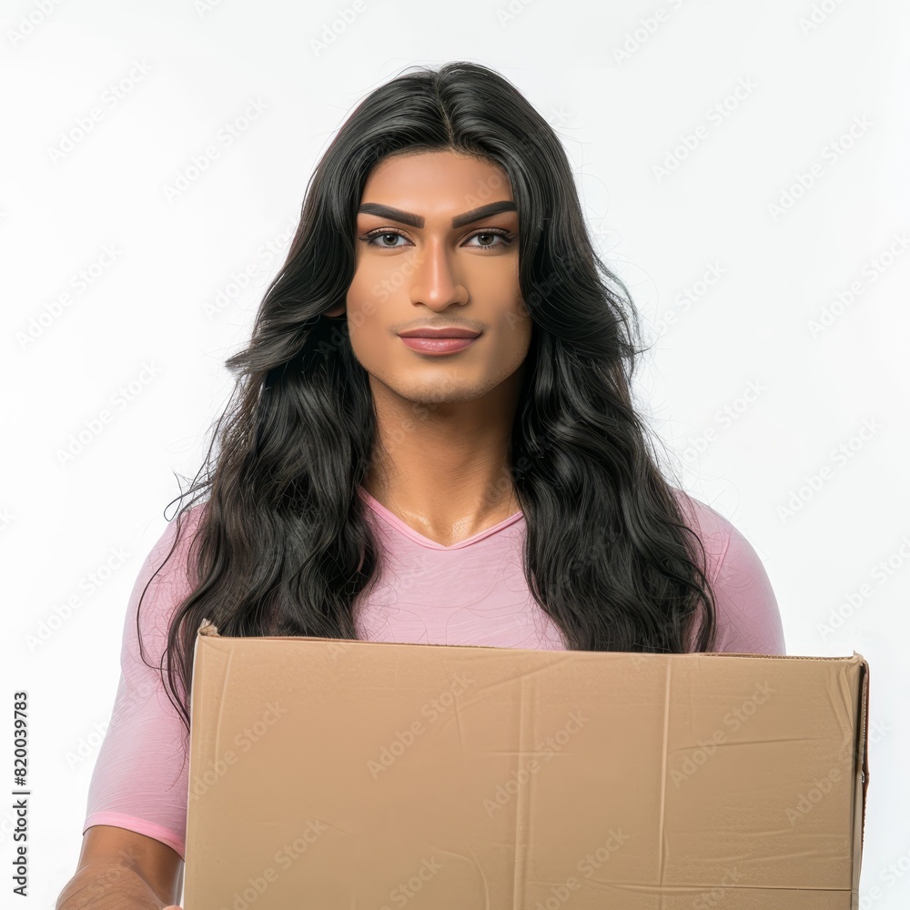 Lulu, a 30 years old transsexual logistic staff wearing pink shirt holding a big cardboard package ,studio photo Lulu, a 30 years old transsexual logistic staff wearing pink shirt holding a big cardboard package ,studio photo