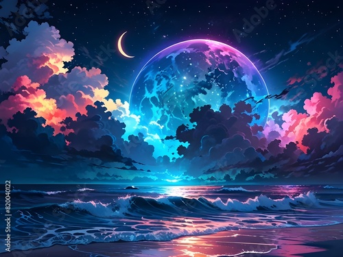 neon light art, in the dark of night, moonlit seas, clouds, moon, stars, colorful, detailed, 4k Generative AI