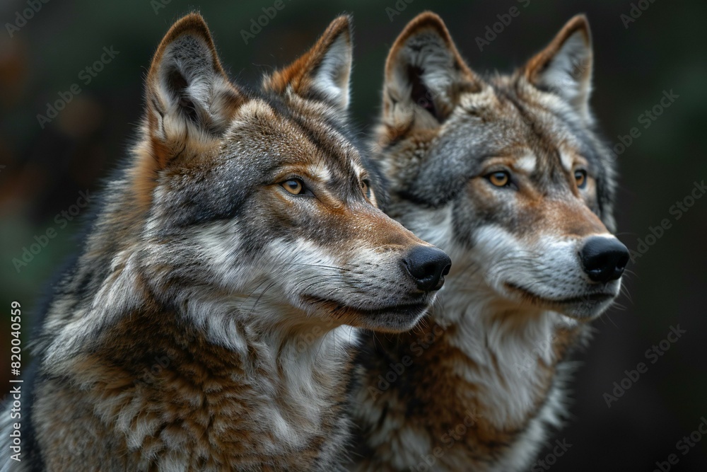 Digital artwork of two wolves howling with dark background, high quality, high resolution