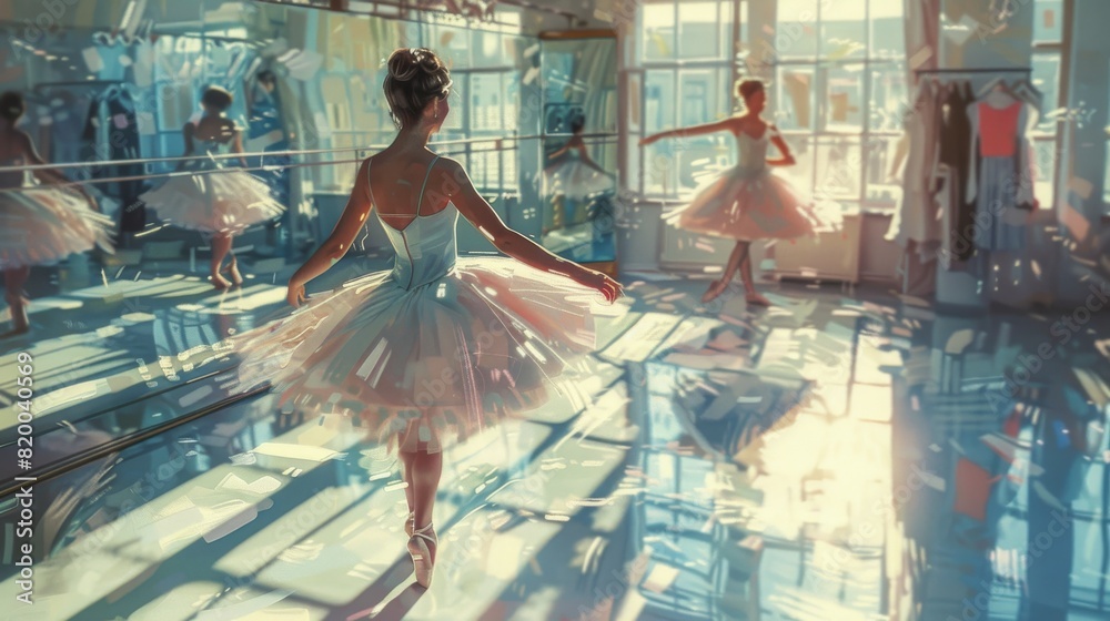 Image of a ballerina striking a pose in a studio, with mirror reflections and graceful stance, surrounded by ballet barre and tutus. Image of a ballerina striking a pose in a studio, with mirror reflections and graceful stance, surrounded by ballet barre and tutus.